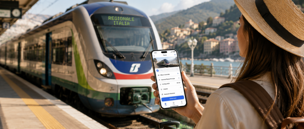 Viaggiatrice consulta sullo smartphone un’app di prenotazione treni davanti a un convoglio regionale in una stazione italiana