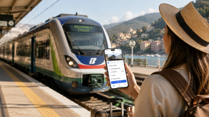 Viaggiatrice consulta sullo smartphone un’app di prenotazione treni davanti a un convoglio regionale in una stazione italiana