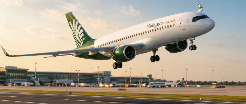 Aereo Madagascar Airlines in fase di decollo sopra una pista aeroportuale con terminal sullo sfondo