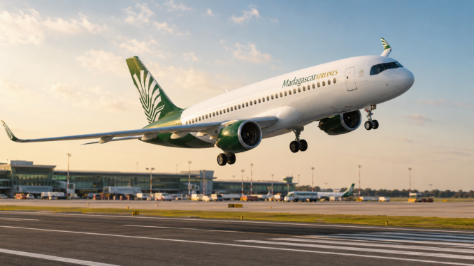 Aereo Madagascar Airlines in fase di decollo sopra una pista aeroportuale con terminal sullo sfondo