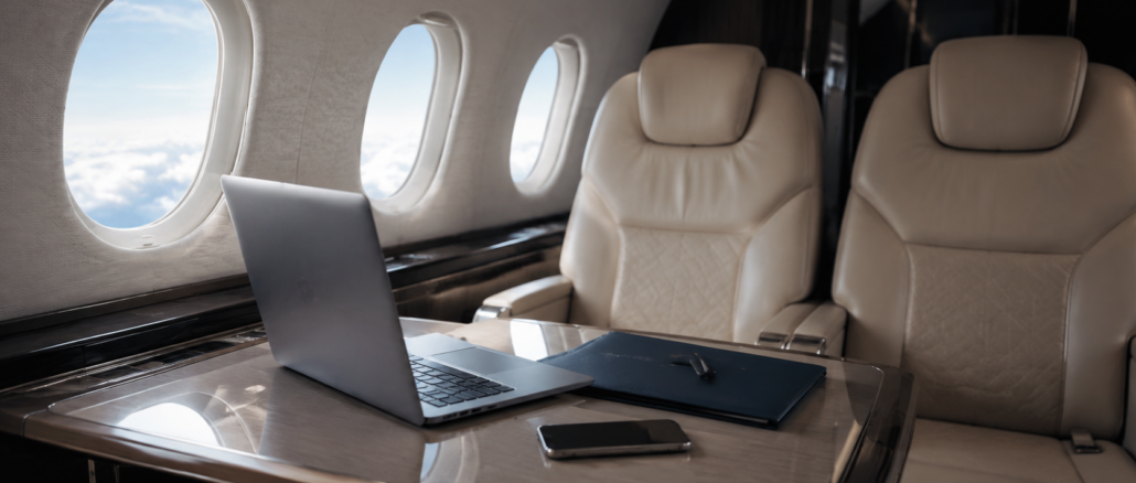 Private jet cabin prepared for confidential executive business travel