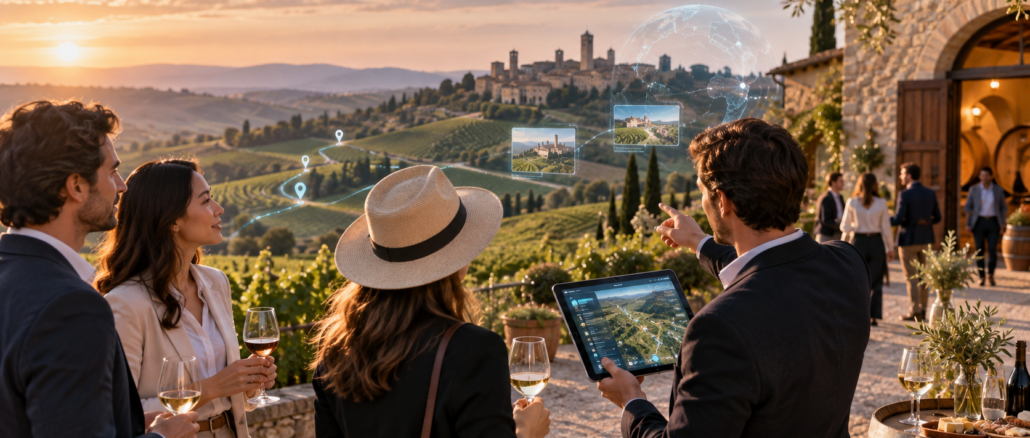 Professionisti dell'enoturismo in un vigneto utilizzano strumenti digitali per valorizzare le destinazioni turistiche.