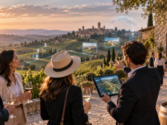 Professionisti dell'enoturismo in un vigneto utilizzano strumenti digitali per valorizzare le destinazioni turistiche.