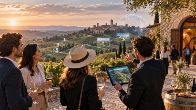 Professionisti dell'enoturismo in un vigneto utilizzano strumenti digitali per valorizzare le destinazioni turistiche.
