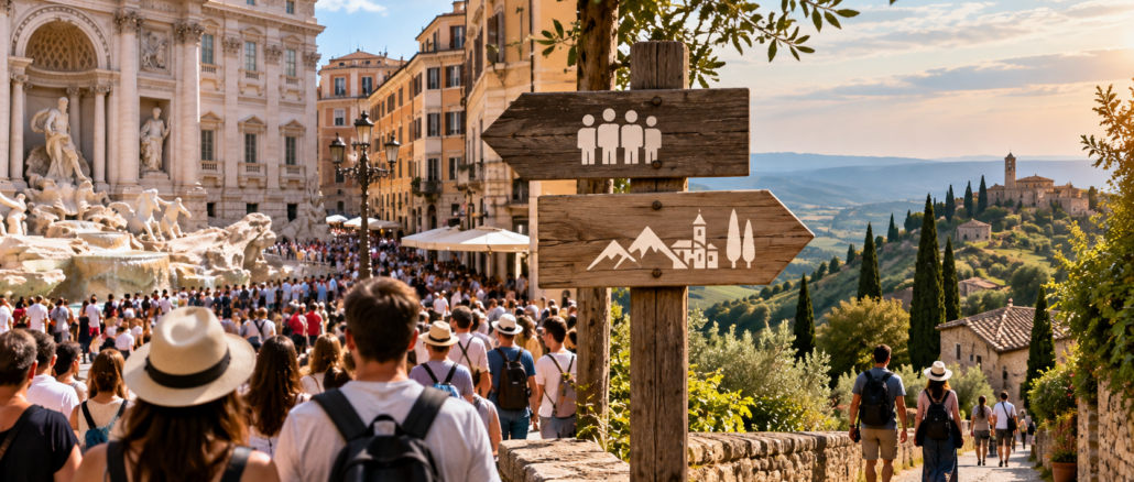 Turisti in una destinazione affollata e percorso verso aree meno frequentate, simbolo della redistribuzione dei flussi turistici