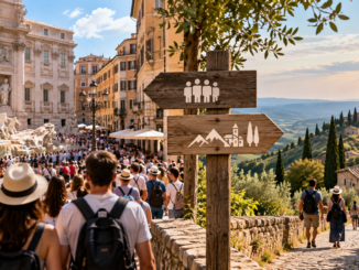 Turisti in una destinazione affollata e percorso verso aree meno frequentate, simbolo della redistribuzione dei flussi turistici