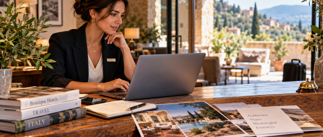 Responsabile di un boutique hotel al computer nella reception della struttura