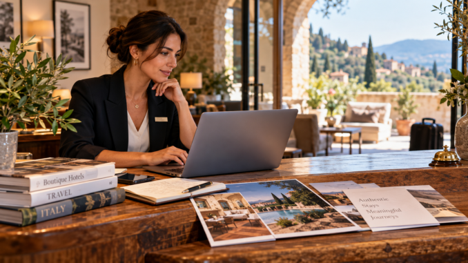 Responsabile di un boutique hotel al computer nella reception della struttura