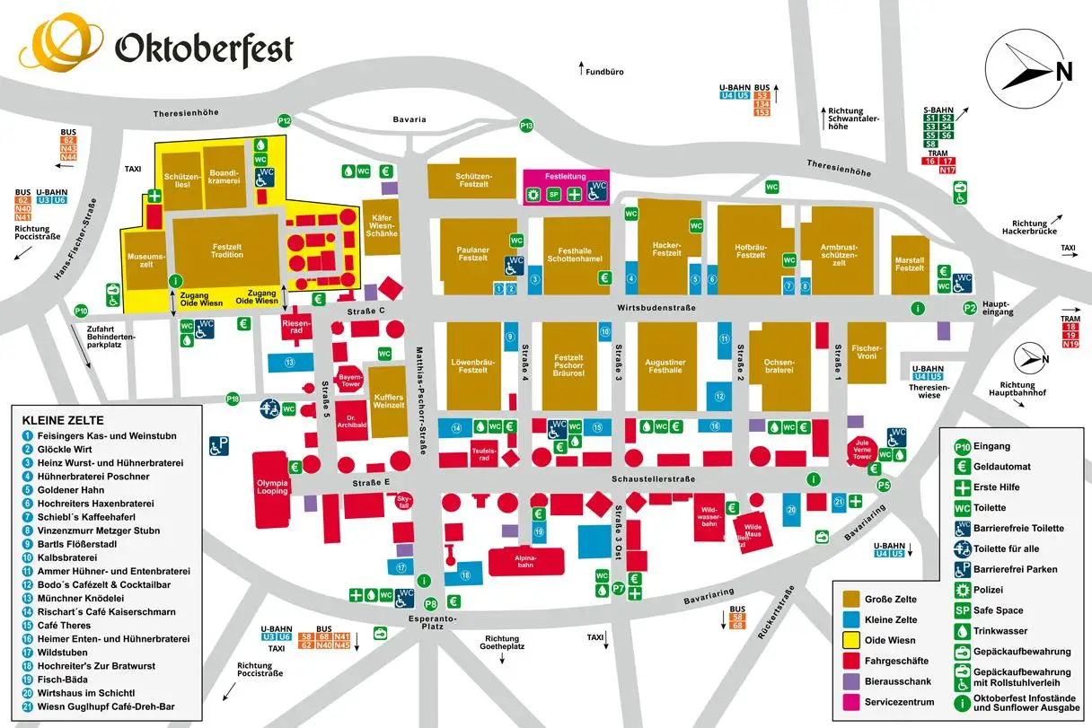 Mappa dell’Oktoberfest di Monaco 2026 alla Theresienwiese con tendoni, giostre, ingressi e servizi