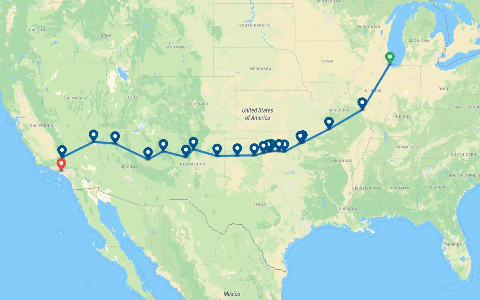 Mappa dell'itinerario Route 66