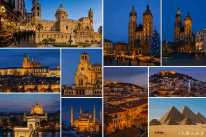Collage natalizio con 10 destinazioni economiche per il Natale 2025, tra cui Napoli, Palermo, Cracovia, Praga, Sofia, Lisbona, Atene, Istanbul, Marrakech ed Egitto. ©fulltravel.it FTRAI