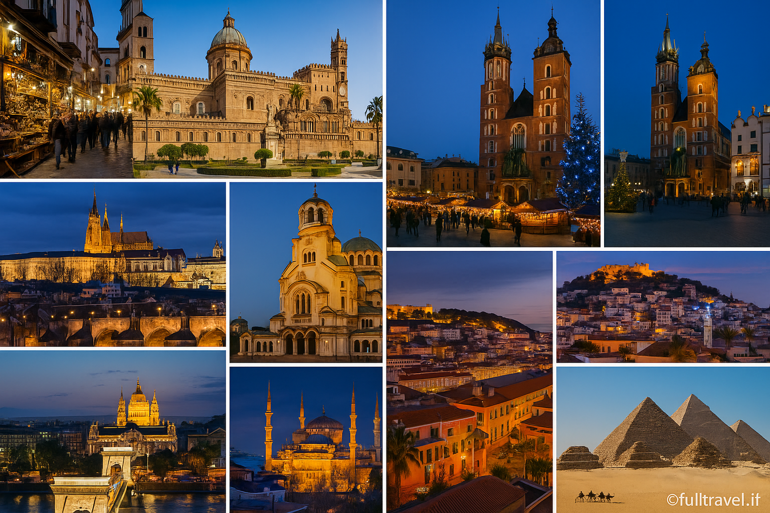 Collage natalizio con 10 destinazioni economiche per il Natale 2025, tra cui Napoli, Palermo, Cracovia, Praga, Sofia, Lisbona, Atene, Istanbul, Marrakech ed Egitto. ©fulltravel.it FTRAI
