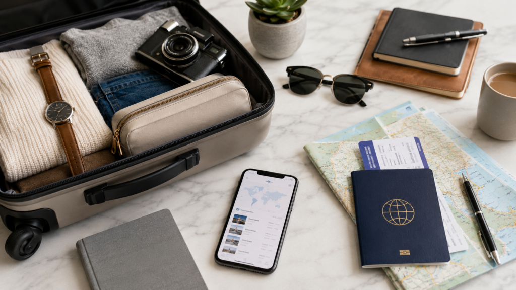 Valigia aperta con documenti, mappa, smartphone e accessori per organizzare più viaggi durante l’anno