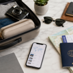 Valigia aperta con documenti, mappa, smartphone e accessori per organizzare più viaggi durante l’anno