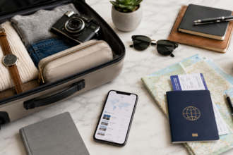 Valigia aperta con documenti, mappa, smartphone e accessori per organizzare più viaggi durante l’anno