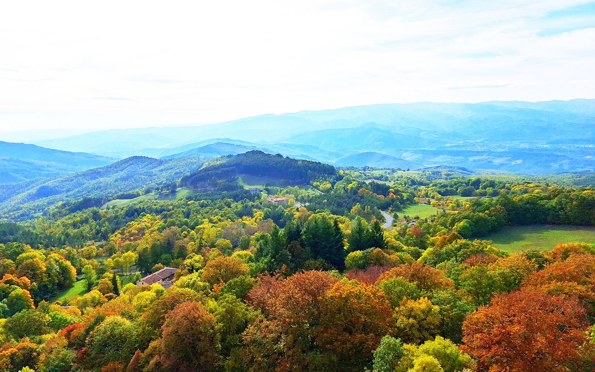 Panorama autunnale delle Foreste Casentinesi dalla Verna, con boschi colorati e montagne sullo sfondo