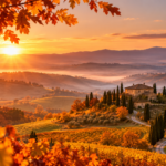 Paesaggio autunnale ispirato alla Toscana, con colline dorate, cipressi e un casale al tramonto