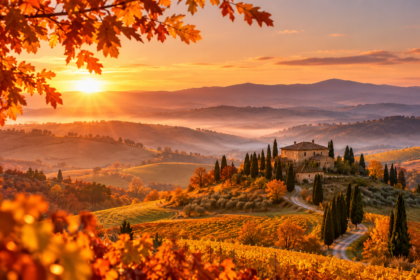 Paesaggio autunnale ispirato alla Toscana, con colline dorate, cipressi e un casale al tramonto