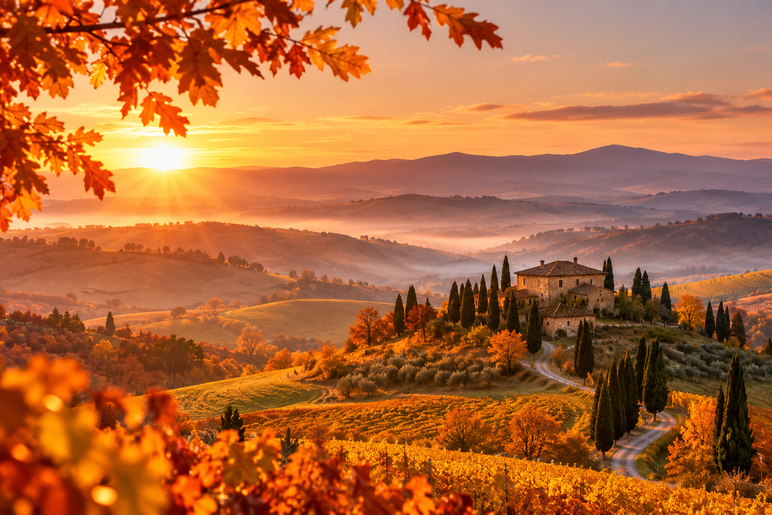 Paesaggio autunnale ispirato alla Toscana, con colline dorate, cipressi e un casale al tramonto